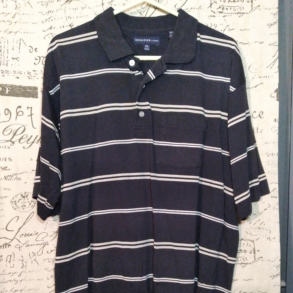 (#03)Siegfried & Company Black w/ White Stripped Collar Short Sleeve Men's Shirt - Picture 1 of 6